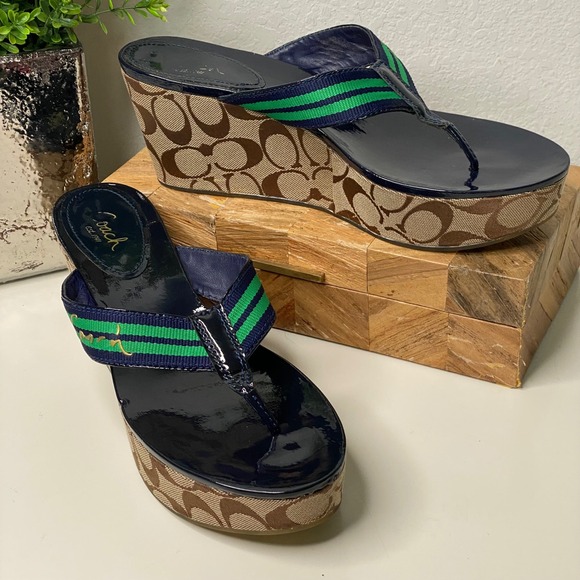 Coach Gabriela Platform Wedge Signature Canvas Thong Sandals Size 11B Blue/Green - Picture 1 of 11